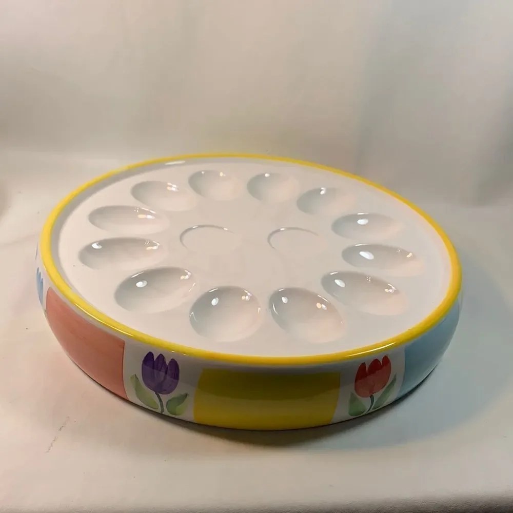 Easter Bunny Devil Egg Serving Tray Spring Flower Vintage Holiday Yellow Purple